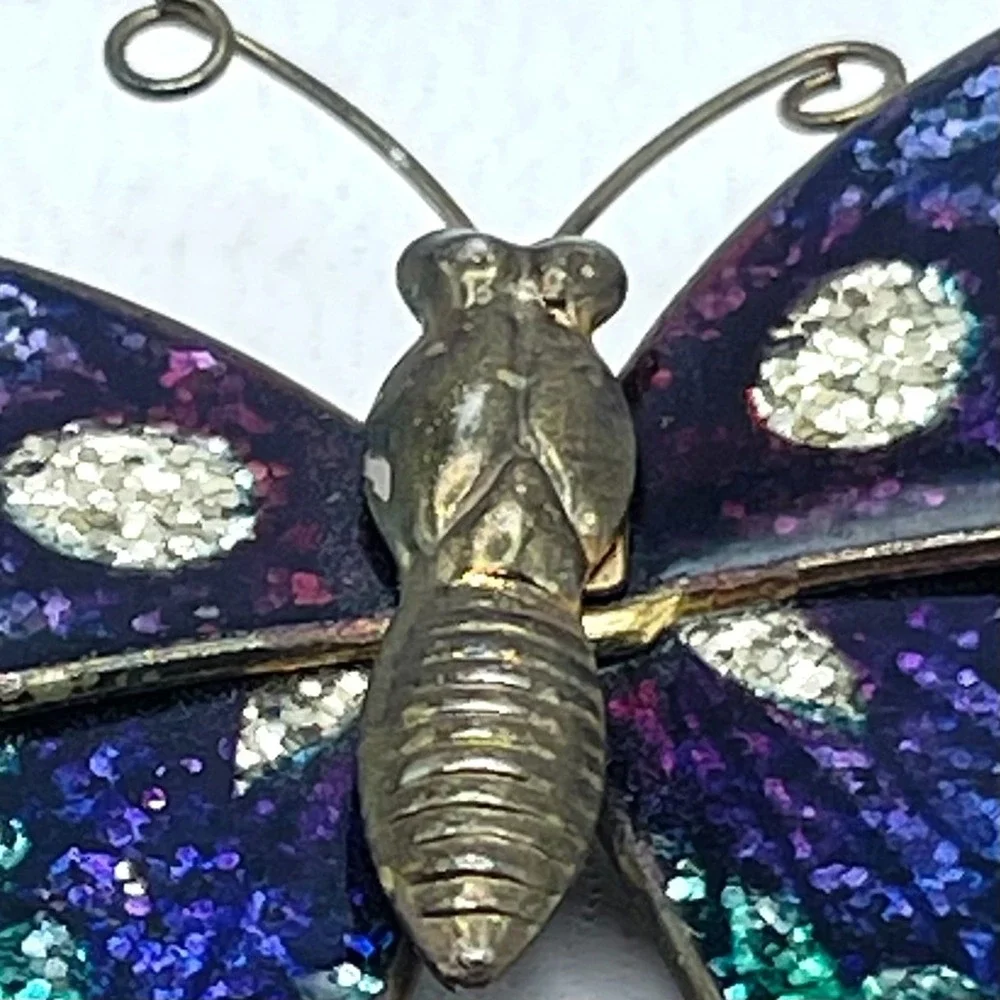Vintage Gold-Tone Multicolor Patina Dye Enamel Blue Glitter Butterfly Brooch Pin